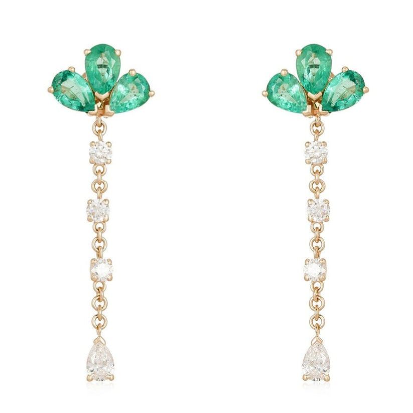 Emerald Diamond Jewel Cluster Drop Earrings in 14K Yellow Gold
