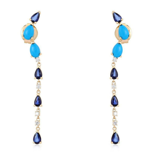 Blue Sapphire Diamond Drop Earrings in 14K Yellow Gold