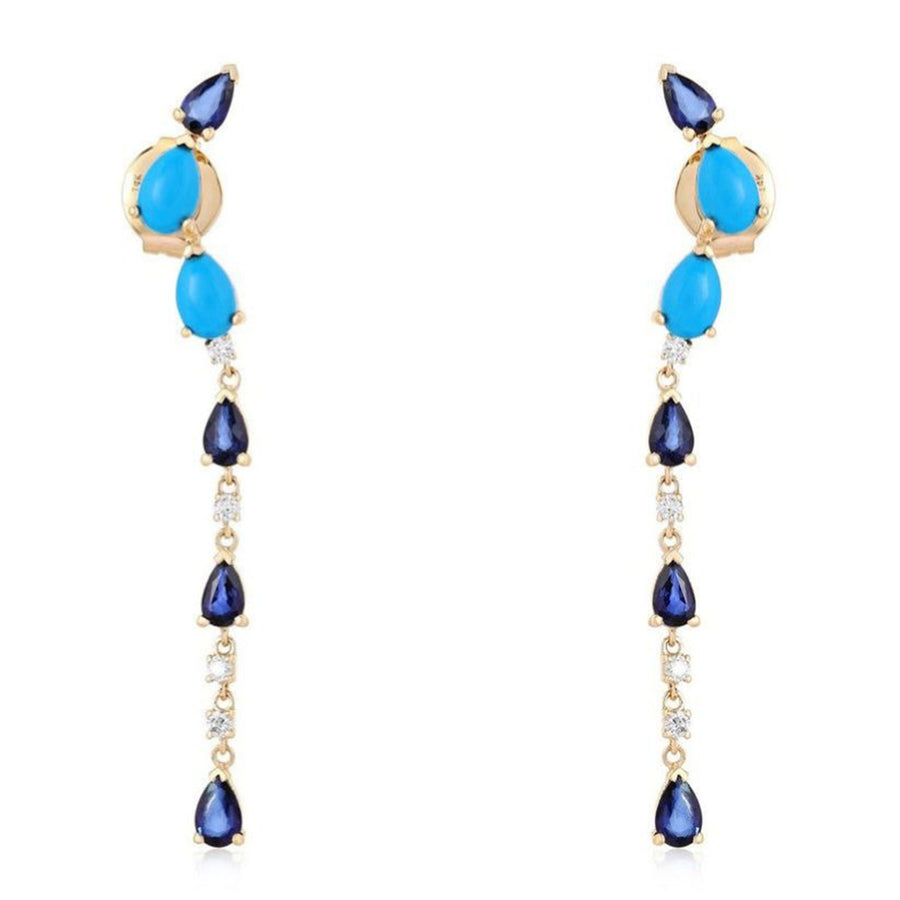 Blue Sapphire Diamond Drop Earrings in 14K Yellow Gold