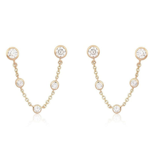 Gold Chain Bezel Round Diamond Drop Earrings in 14K Gold