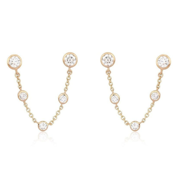 Gold Chain Bezel Round Diamond Drop Earrings in 14K Gold