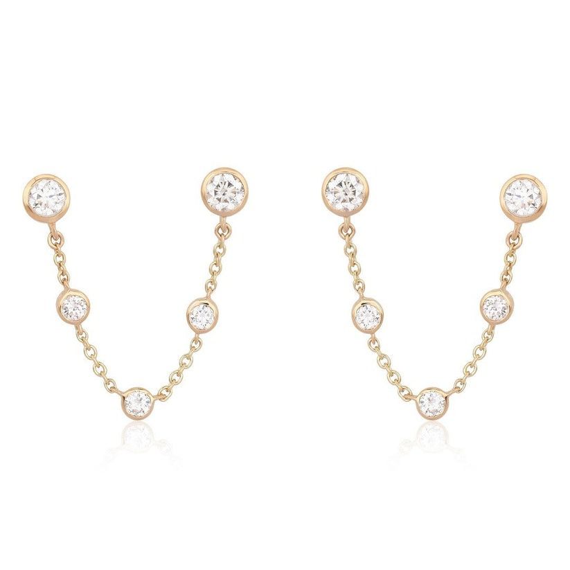 Gold Chain Bezel Round Diamond Drop Earrings in 14K Gold