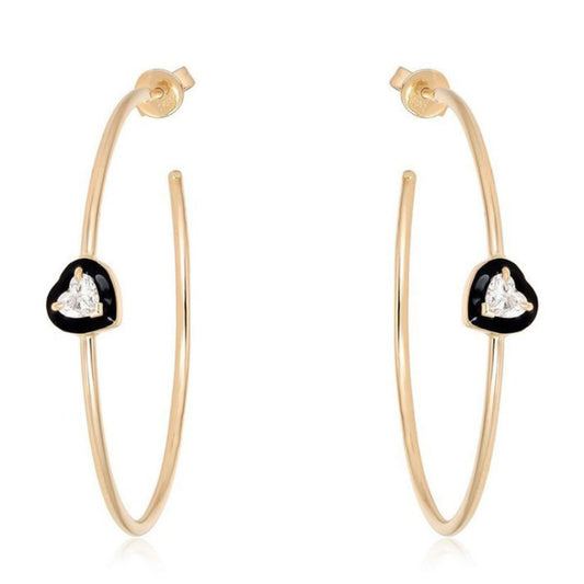 Black Enamel Diamond Hoop Earrings in 14K Yellow Gold