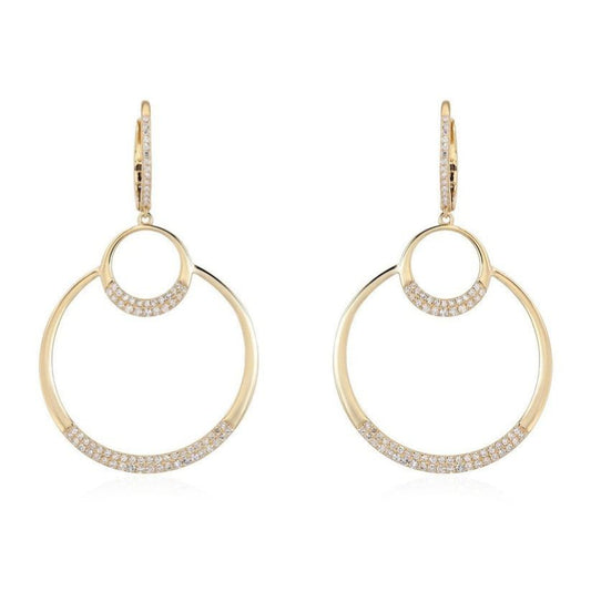 Double Halo Diamond Open Circle Drop Earrings in 14K Yellow Gold
