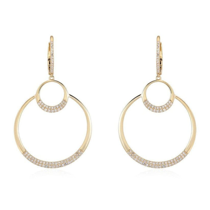 Double Halo Diamond Open Circle Drop Earrings in 14K Yellow Gold