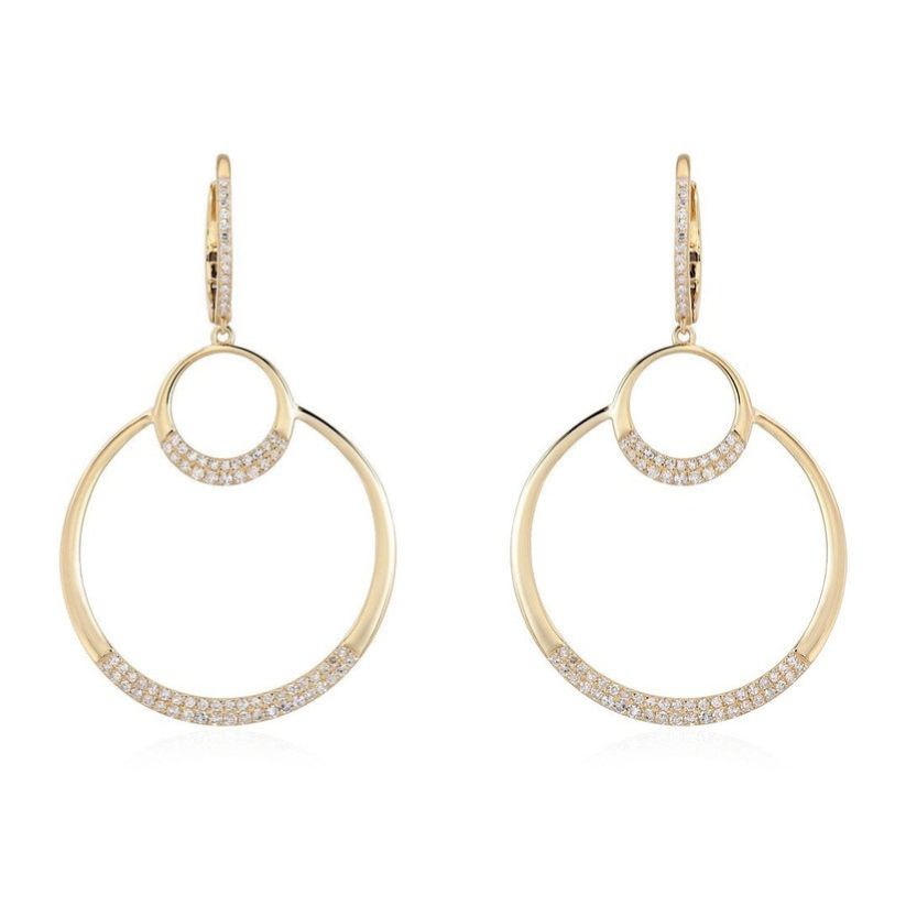Double Halo Diamond Open Circle Drop Earrings in 14K Yellow Gold
