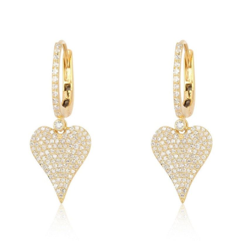 Heart Drop Diamond Huggie Earrings in 14K Yellow Gold