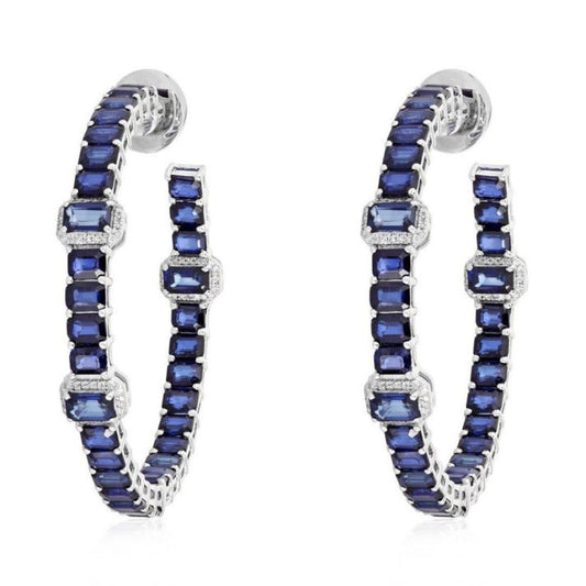 Sapphire Emerald Cut Hoop Earrings in 14K White Gold