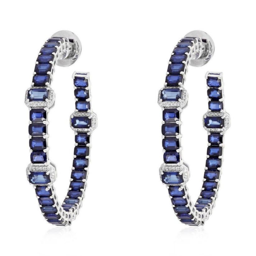 Sapphire Emerald Cut Hoop Earrings in 14K White Gold