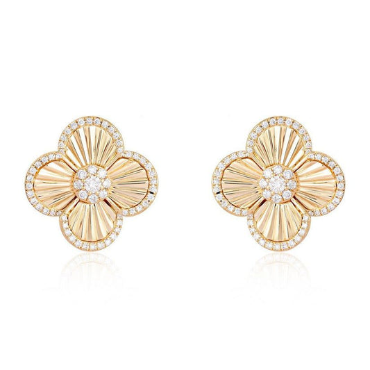 Sleek Lined Flower Diamond Stud Earrings in 14K Yellow Gold