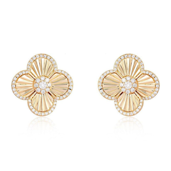 Sleek Lined Flower Diamond Stud Earrings in 14K Yellow Gold
