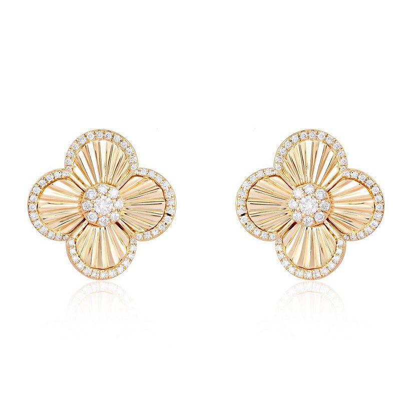 Sleek Lined Flower Diamond Stud Earrings in 14K Yellow Gold