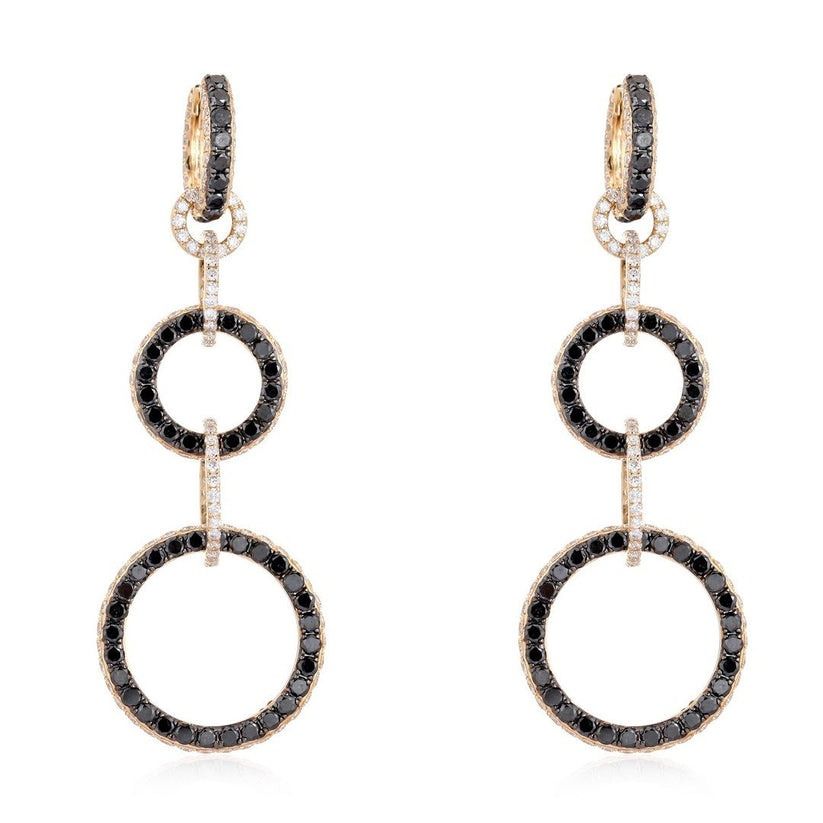 Triple Black Circle Drop Earrings in 14K Yellow Gold