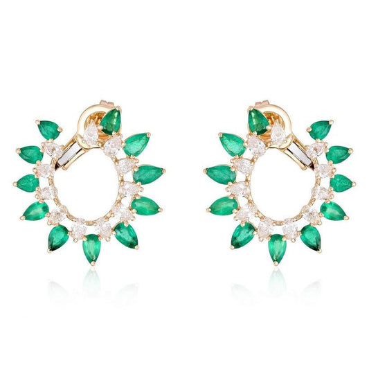 Emerald Diamond Hoop Earrings in 14K Yellow Gold