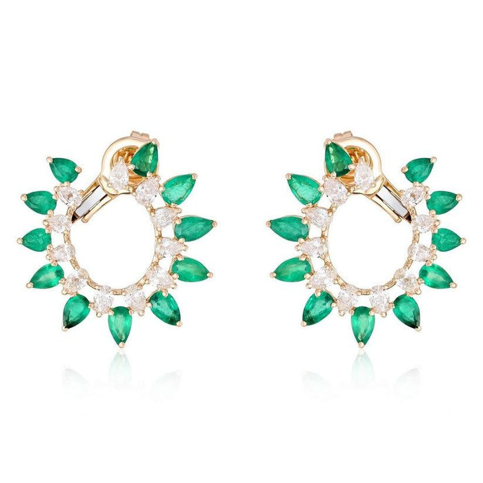 Emerald Diamond Hoop Earrings in 14K Yellow Gold