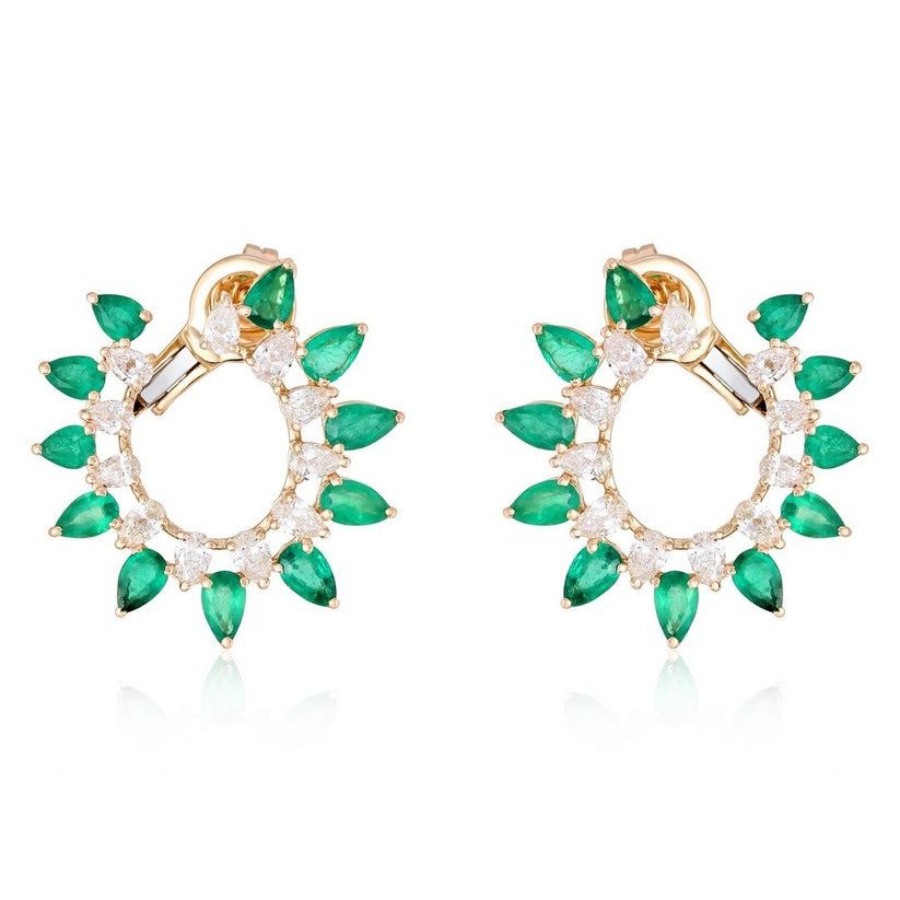 Emerald Diamond Hoop Earrings in 14K Yellow Gold