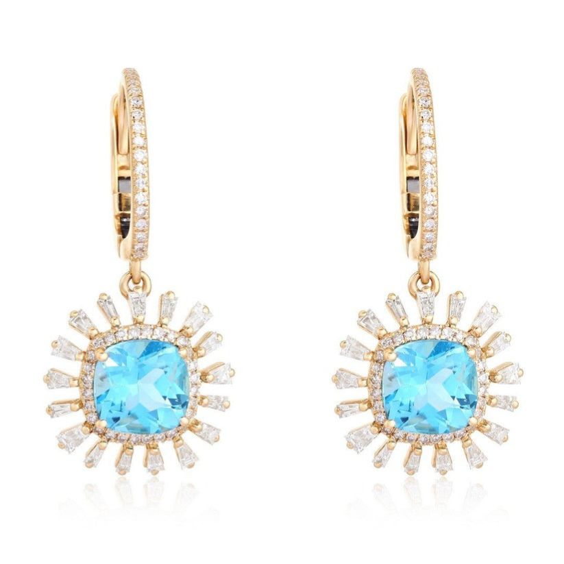 Blue Topaz Diamond Starburst Drop Earrings in 14K Yellow Gold