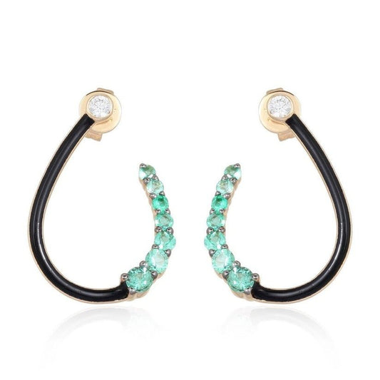 Twist Curve Black Enamel Diamond Earrings in 14K Yellow Gold