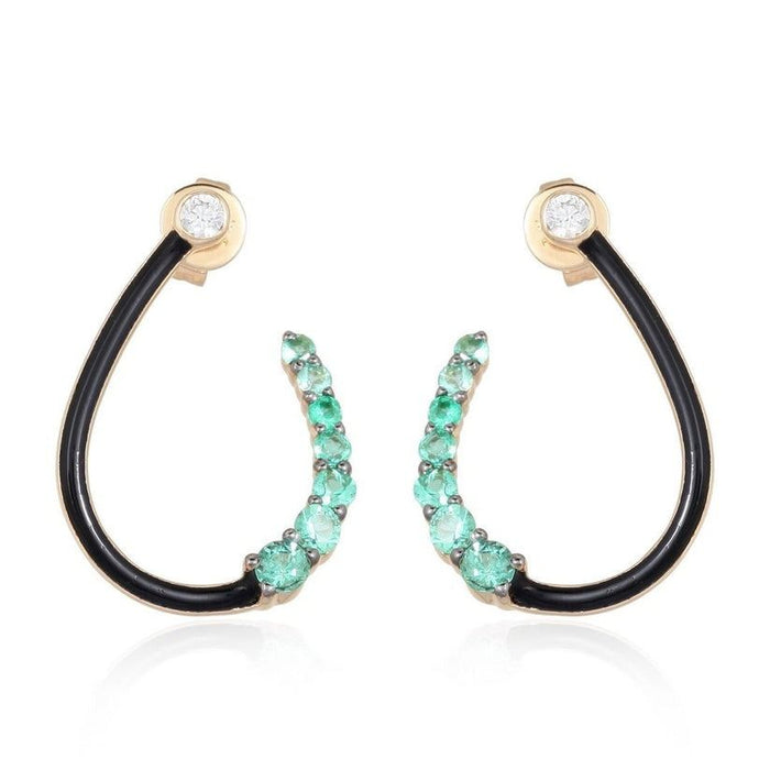 Twist Curve Black Enamel Diamond Earrings in 14K Yellow Gold