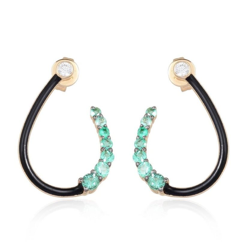 Twist Curve Black Enamel Diamond Earrings in 14K Yellow Gold