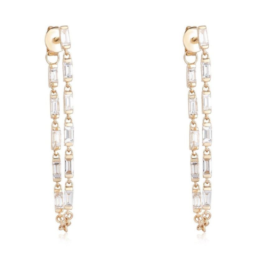 Slim Baguette Diamond Chain Earrings in 14K Yellow Gold