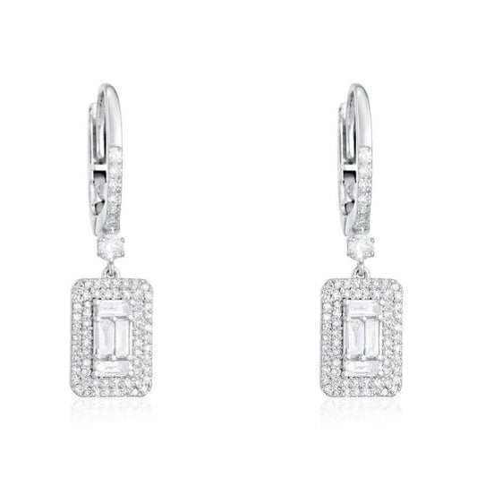 Baguette Halo Diamond Drop Huggie Earrings in 14K White Gold