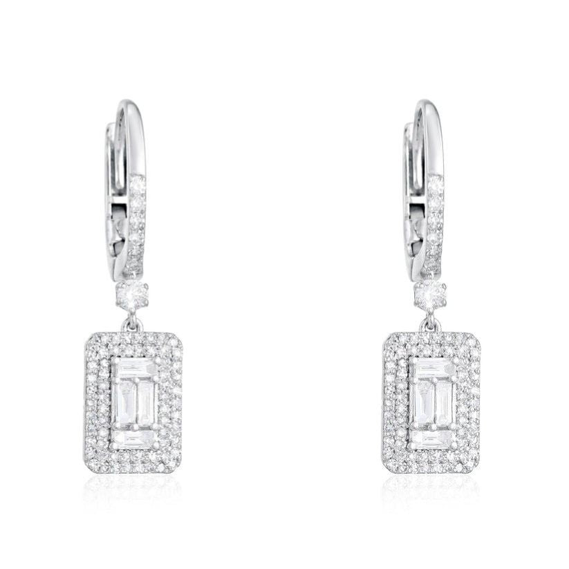 Baguette Halo Diamond Drop Huggie Earrings in 14K White Gold