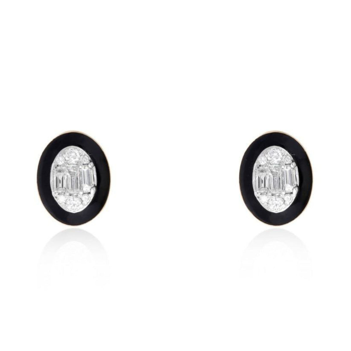 Oval Black Enamel Diamond Cluster Stud Earrings in 14K Yellow Gold