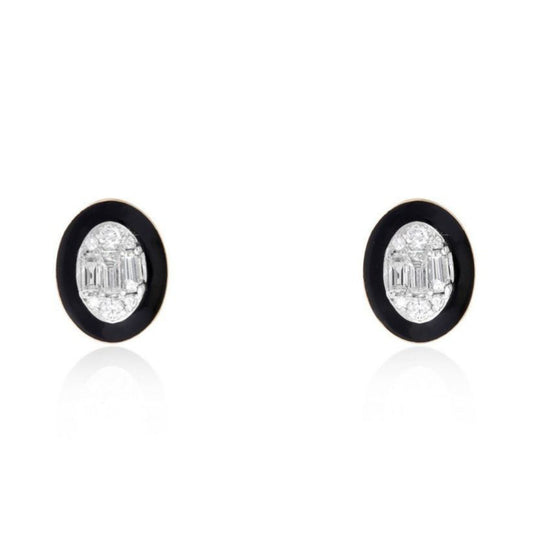 Oval Black Enamel Diamond Cluster Stud Earrings in 14K Yellow Gold