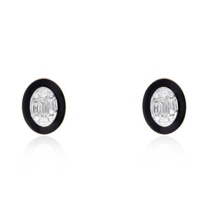 Oval Black Enamel Diamond Cluster Stud Earrings in 14K Yellow Gold