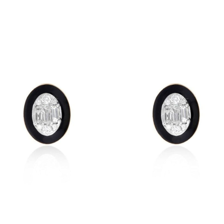 Oval Black Enamel Diamond Cluster Stud Earrings in 14K Yellow Gold