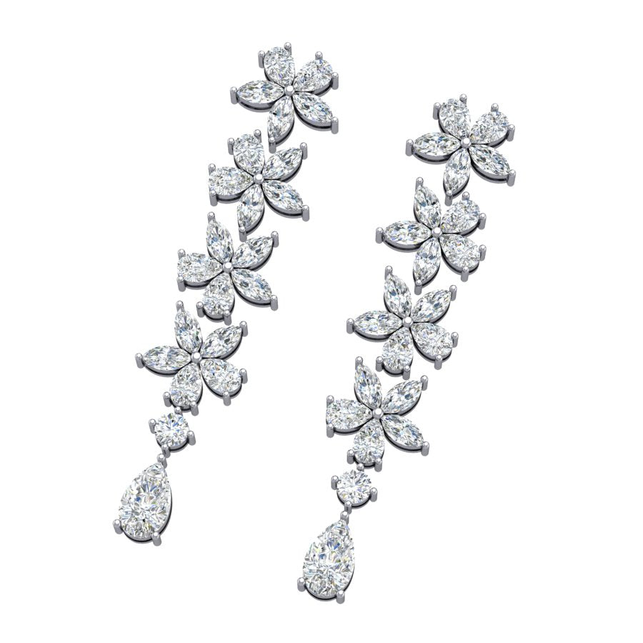 Flowers Petal Diamond Drop Earrings in 18K White Gold