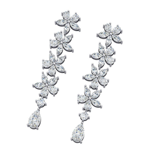 Flowers Petal Diamond Drop Earrings in 18K White Gold