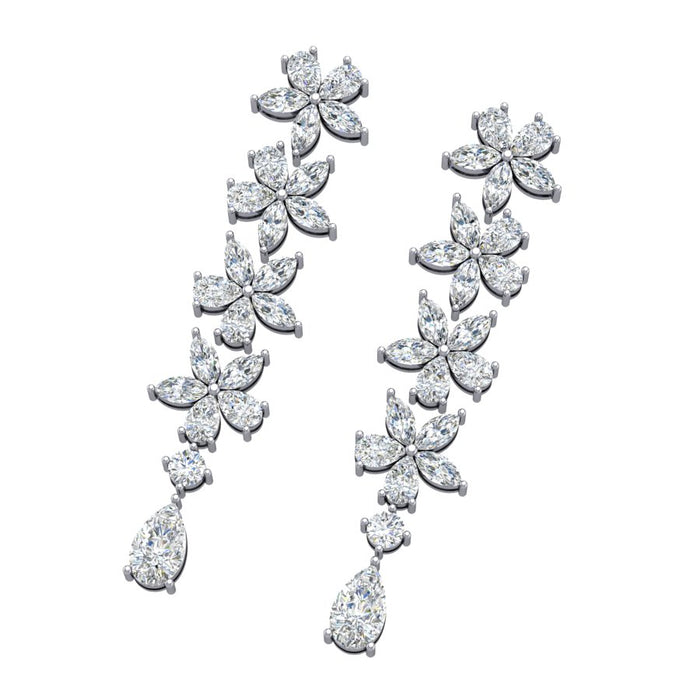 Flowers Petal Diamond Drop Earrings in 18K White Gold