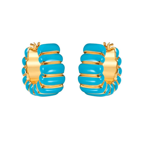 Chunky Turquoise Enamel Hoop Earrings in 14K Yellow Gold
