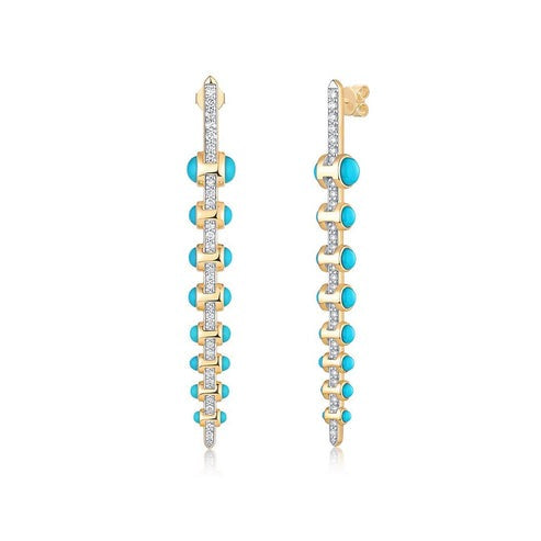 Turquoise Enamel Diamond Vertical Bar Drop Earrings in 14K White Gold