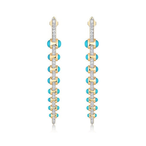 Turquoise Enamel Diamond Vertical Bar Drop Earrings in 14K White Gold