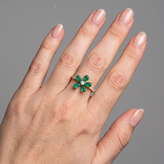 Emerald Green Flower 14K Diamond Ring