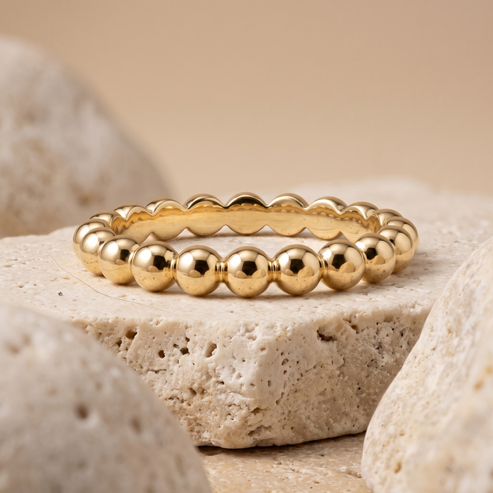 Polished Beaded Stackable Round Shape Diamond Ring in 14K Gold