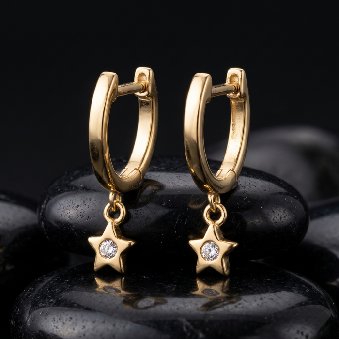 Gold Star Charm Diamond Hoop Earrings in 14K Gold