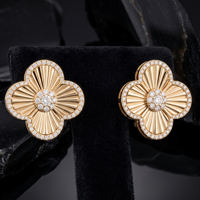 Sleek Lined Flower Diamond Stud Earrings in 14K Yellow Gold
