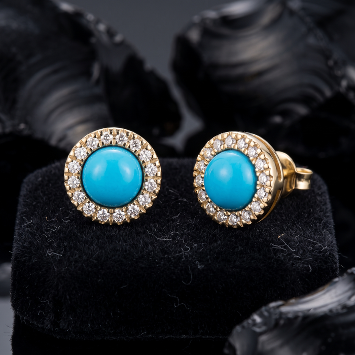 Feminine Turquoise Diamond Stud Earrings in 14K Yellow Gold