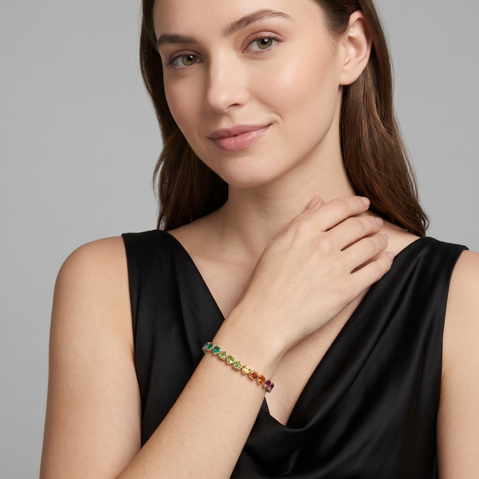 Heart-Cut Rainbow Gemstone 14K Yellow Gold Tennis Bracelet