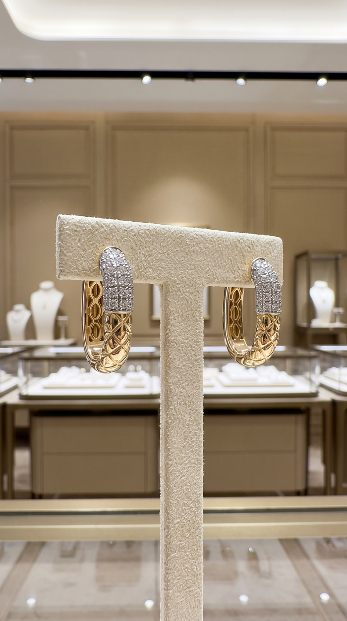 Two Tone Quilted Diamond Accent Earrings in 14K Yellow Gold