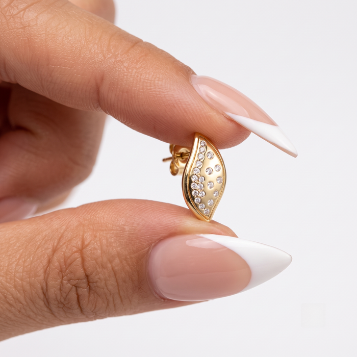 Leaf Shape Diamond Studs Earrings in 14K Yellow Gold