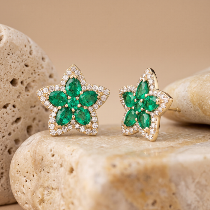 Emerald Ruby Gemstone Stud Earrings in 14K Yellow Gold