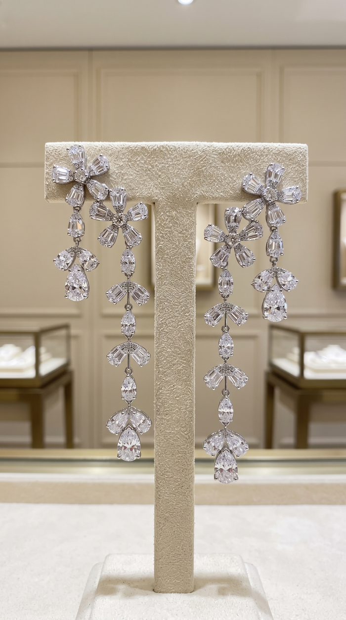 Round Baguette Round Diamond Earrings in 18K White Gold