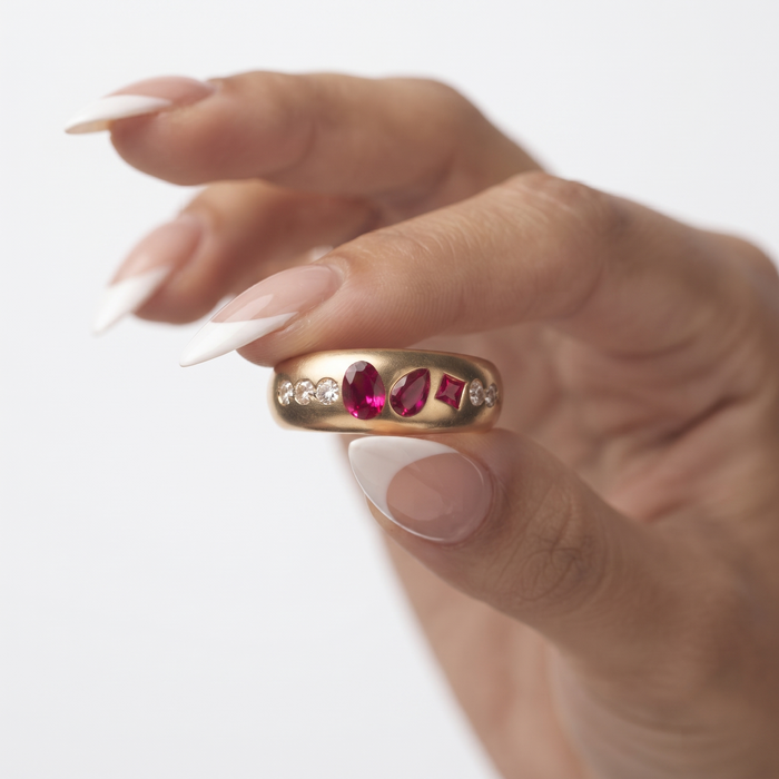 Multi Shape Ruby Diamond Accent Band Ring in 14K Yellow Gold