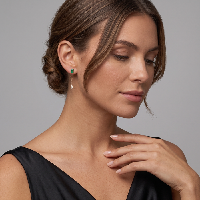 Emerald Chain Drop Earrings in 14K Yellow Gold