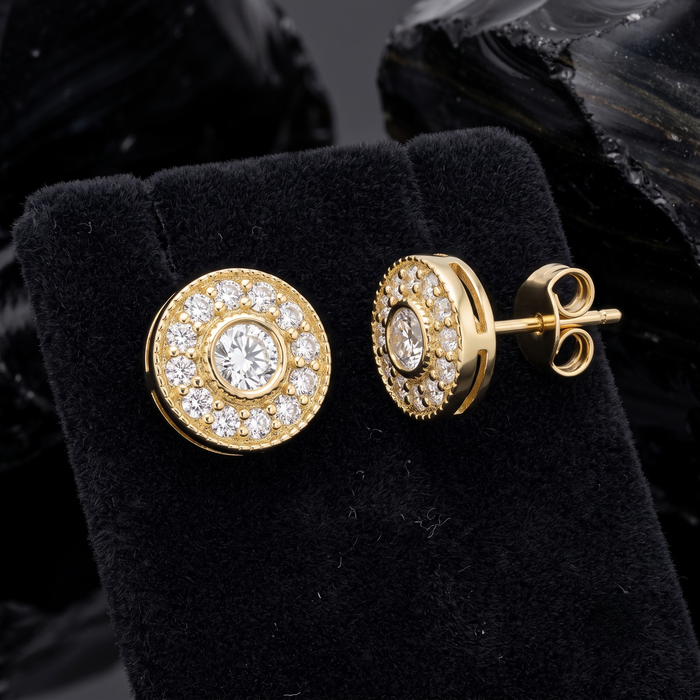Round Diamonds Push Back Halo Stud Earrings in 14K Gold